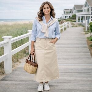 Denim & Co Maxi Skirt 14 Tan Khaki Stretch Modest Modern Preppy Minimalist EUC